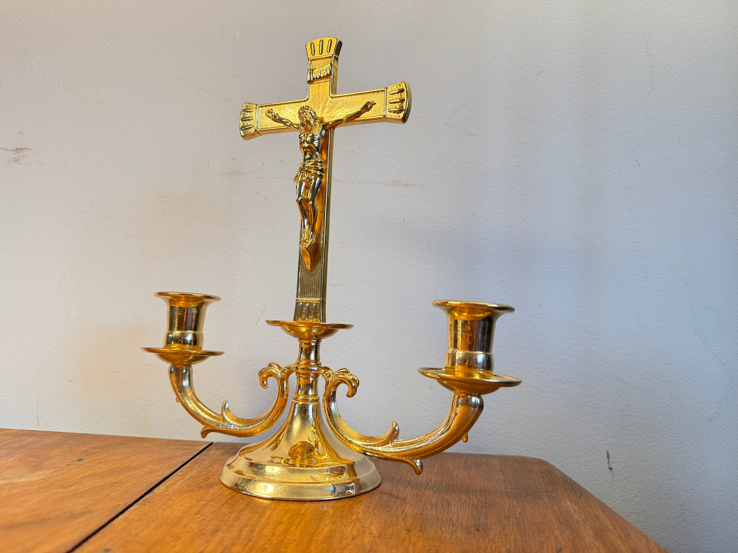 Gold Altar Candelabrum | Religious Crucifix Double Candelabra | Home Decor |