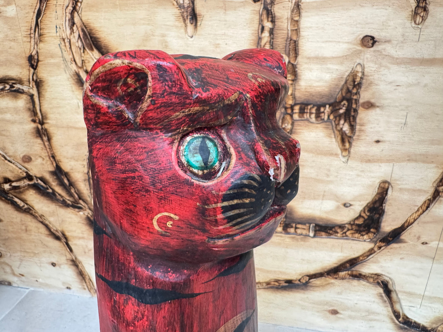 Large Wooden Hand Carved Cat | Folk Art |Vintage Retro | Decor | Quirky Unique |