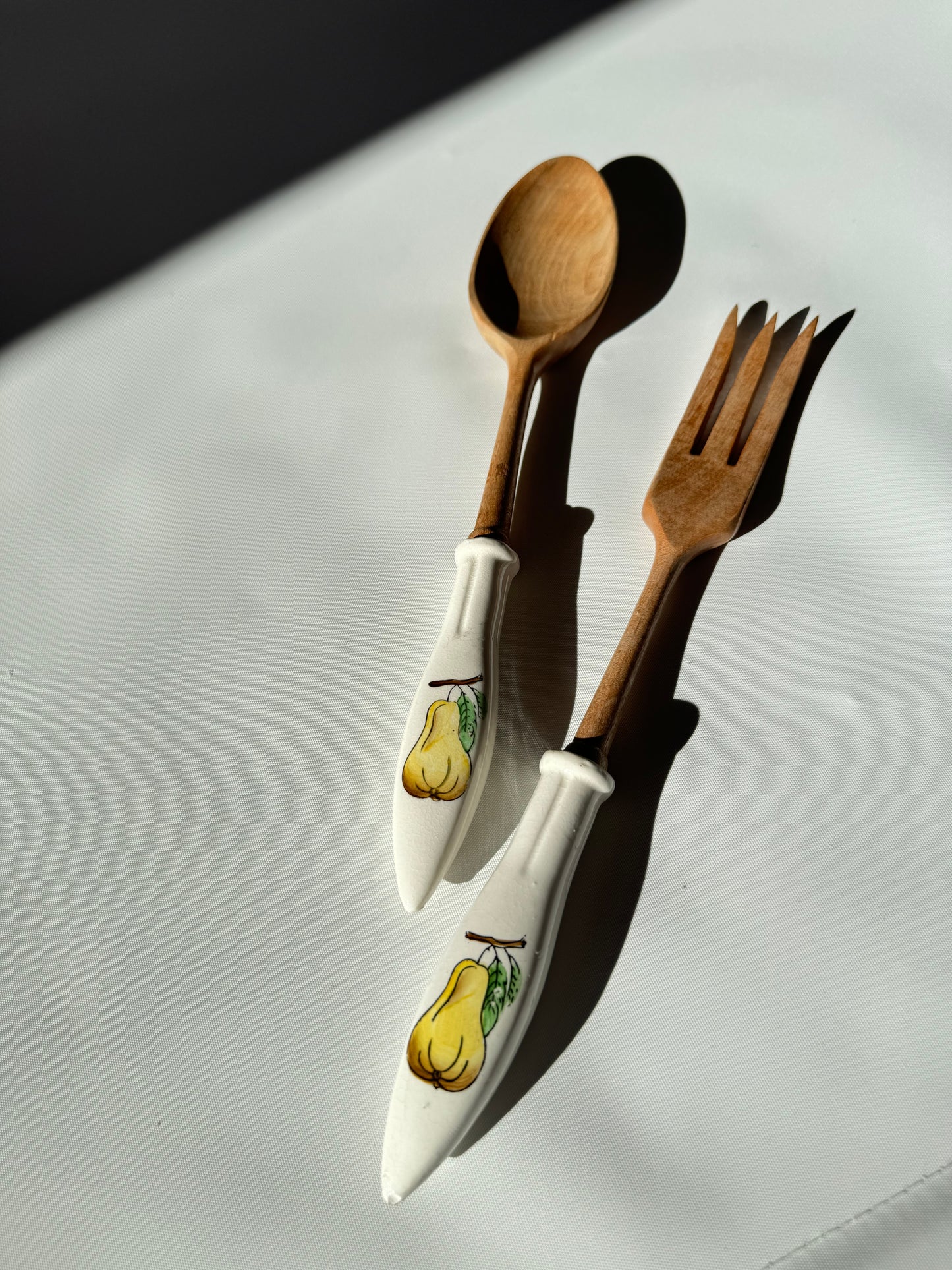 Wooden Salad Spoon & Fork with Ceramic Handles | Vintage Retro Kitchenalia | Serveware |