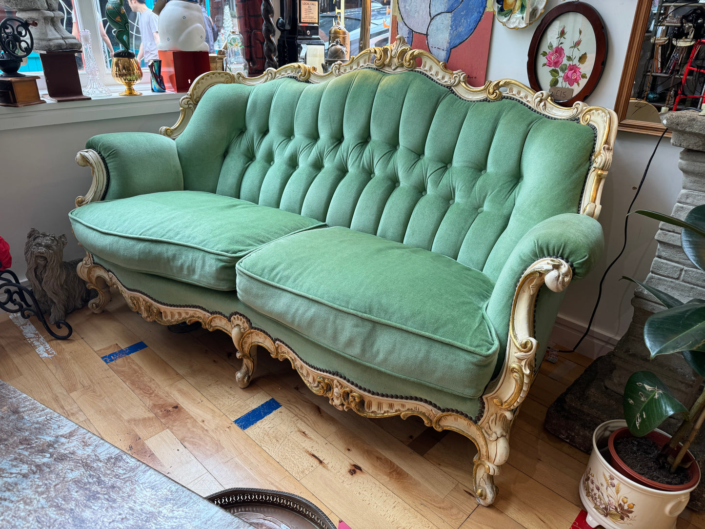Stunning Louis Style Antique 3 Seater Sofa with Hand-carved Wooden Frame and Striking Green Button Back Upholstery (COLLECTION ONLY)