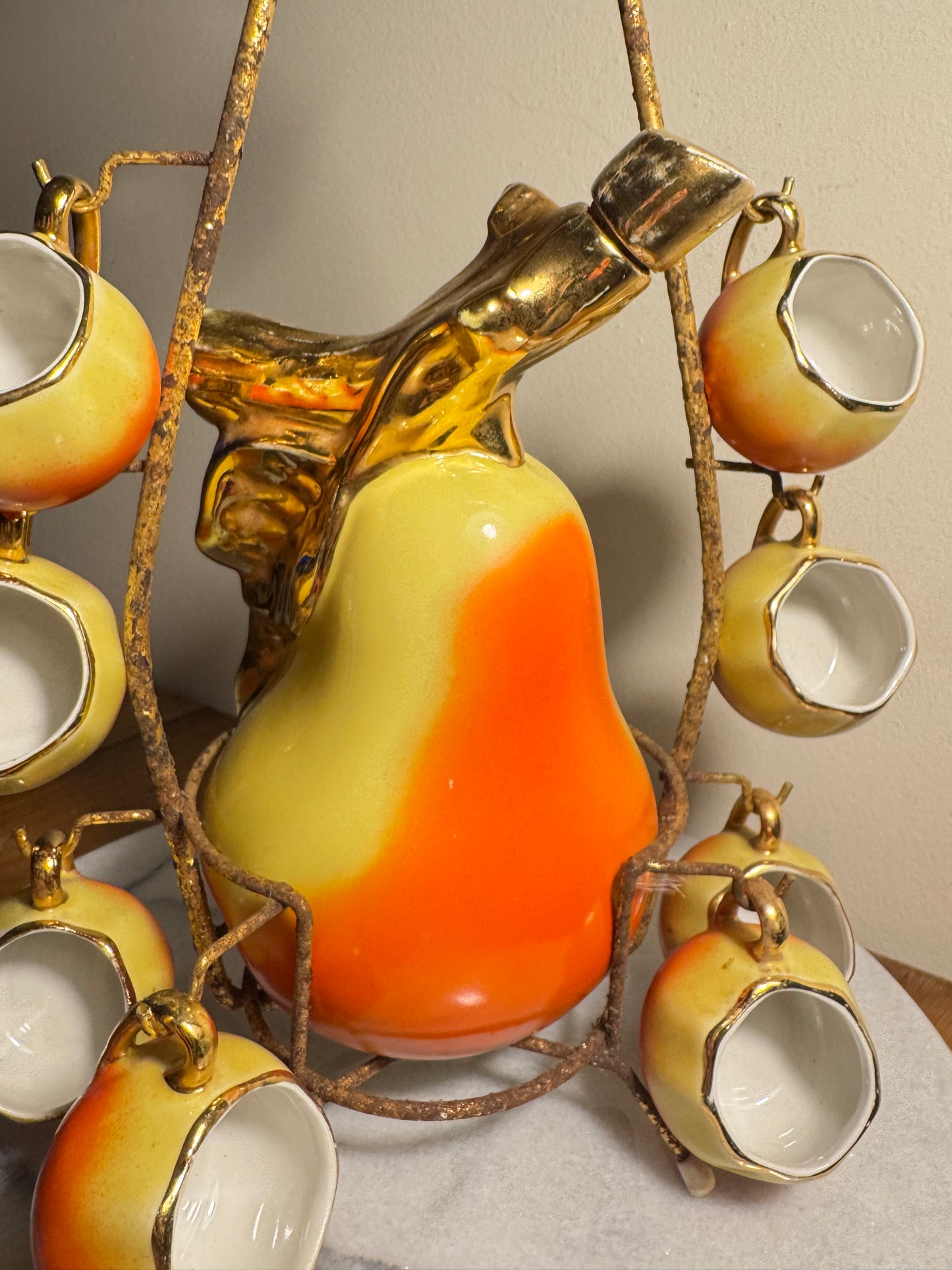 French Pear Liqueur Decanter Set with Stand & Cup Holder | Vintage Retro Quirky Barware |