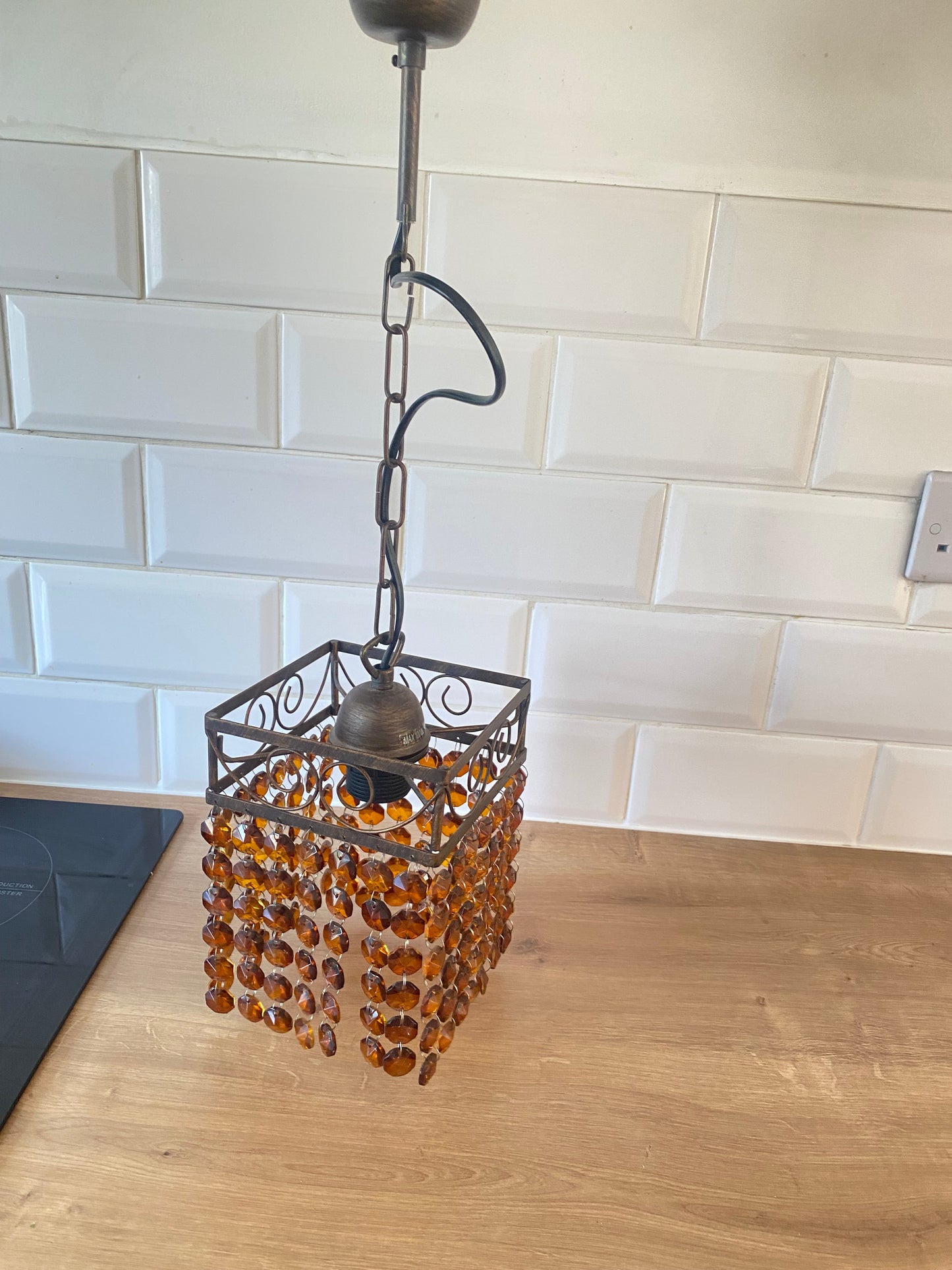 Vintage French Beaded Ceiling Light Lampshade Amber/Brown Glass Bead