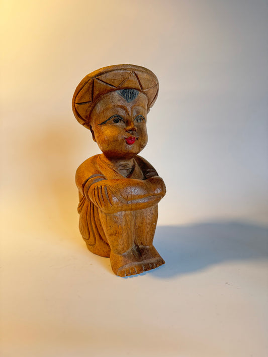 Hand Carved Wooden Statue Sculpture of Sitting Boy | Thai Asian | Vintage Antique Homeware & Decor