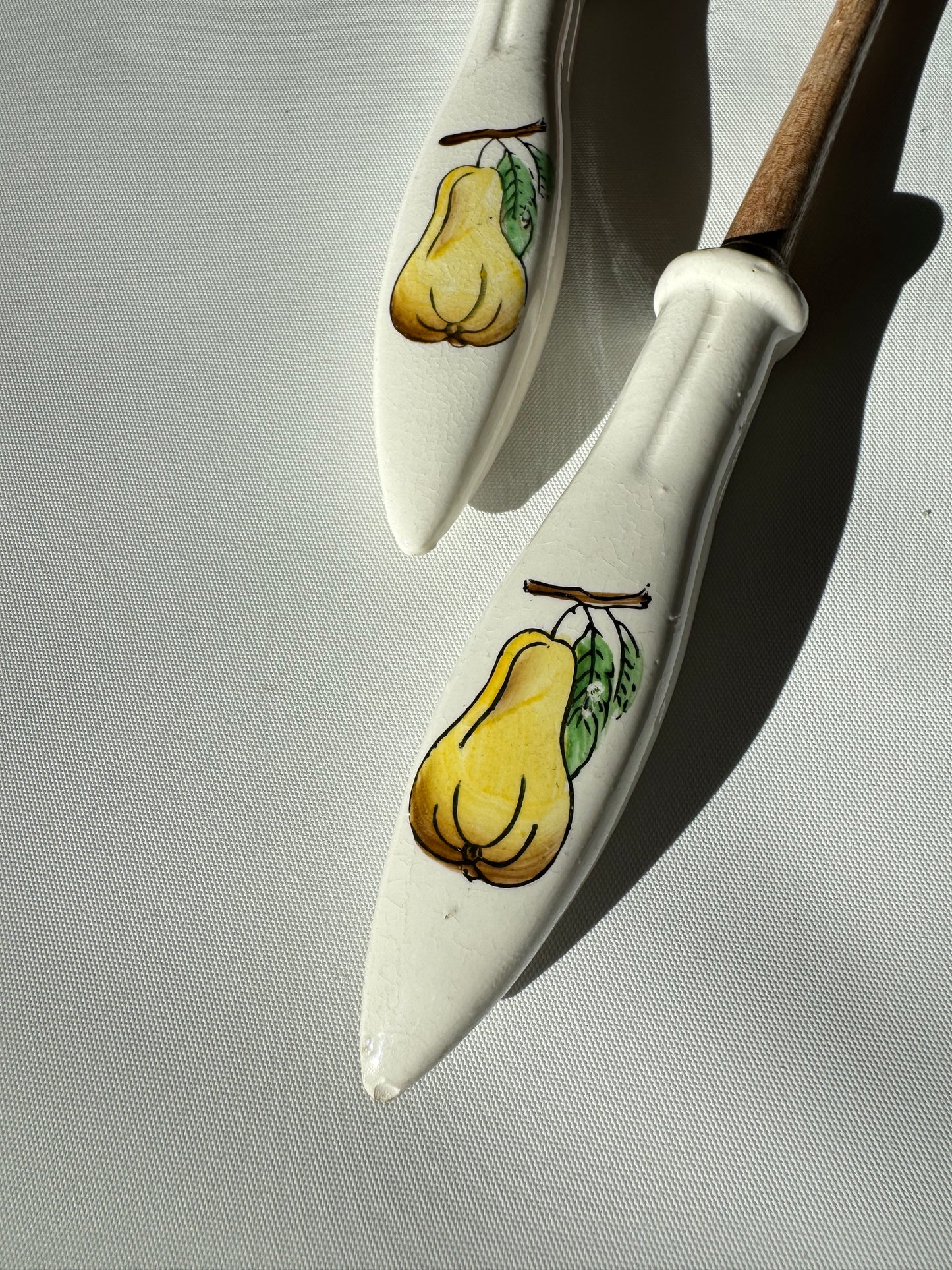 Wooden Salad Spoon & Fork with Ceramic Handles | Vintage Retro Kitchenalia | Serveware |