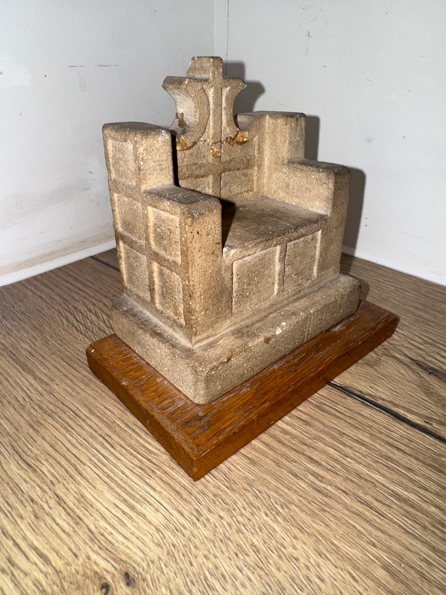 St Luke’s Deptford Stone Chair Ornament on Wooden Base | 1960 | Catholic Holy Decor | Gothic |