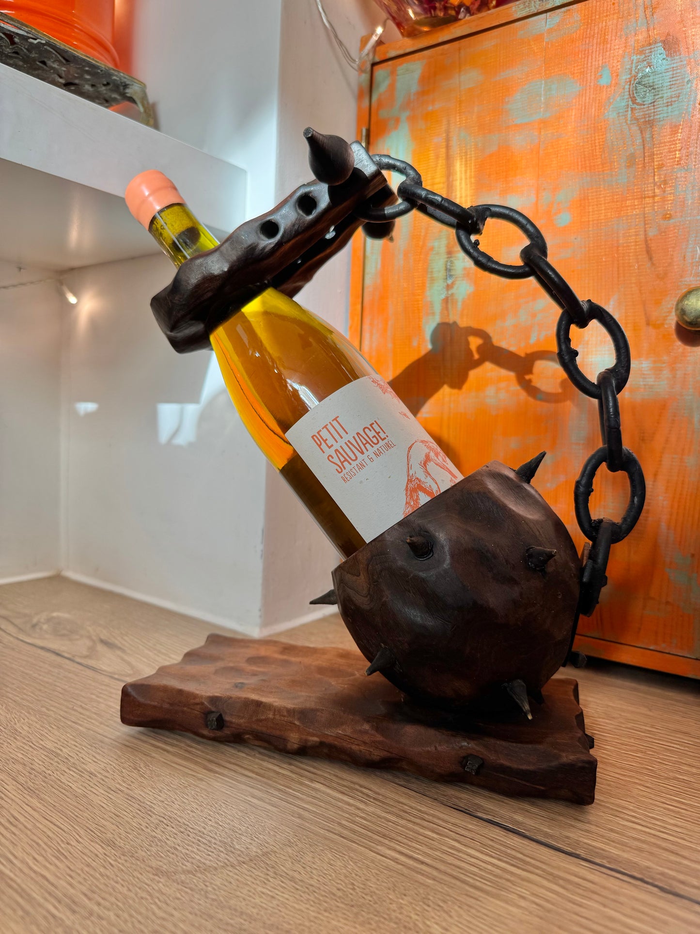 Brutalist Ball and Chain Wine Bottle Holder | Medieval Gothic Style | Vintage Retro Mid Century |