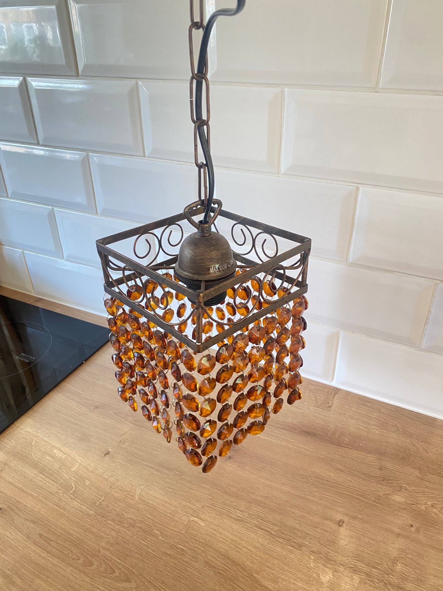 Vintage French Beaded Ceiling Light Lampshade Amber/Brown Glass Bead