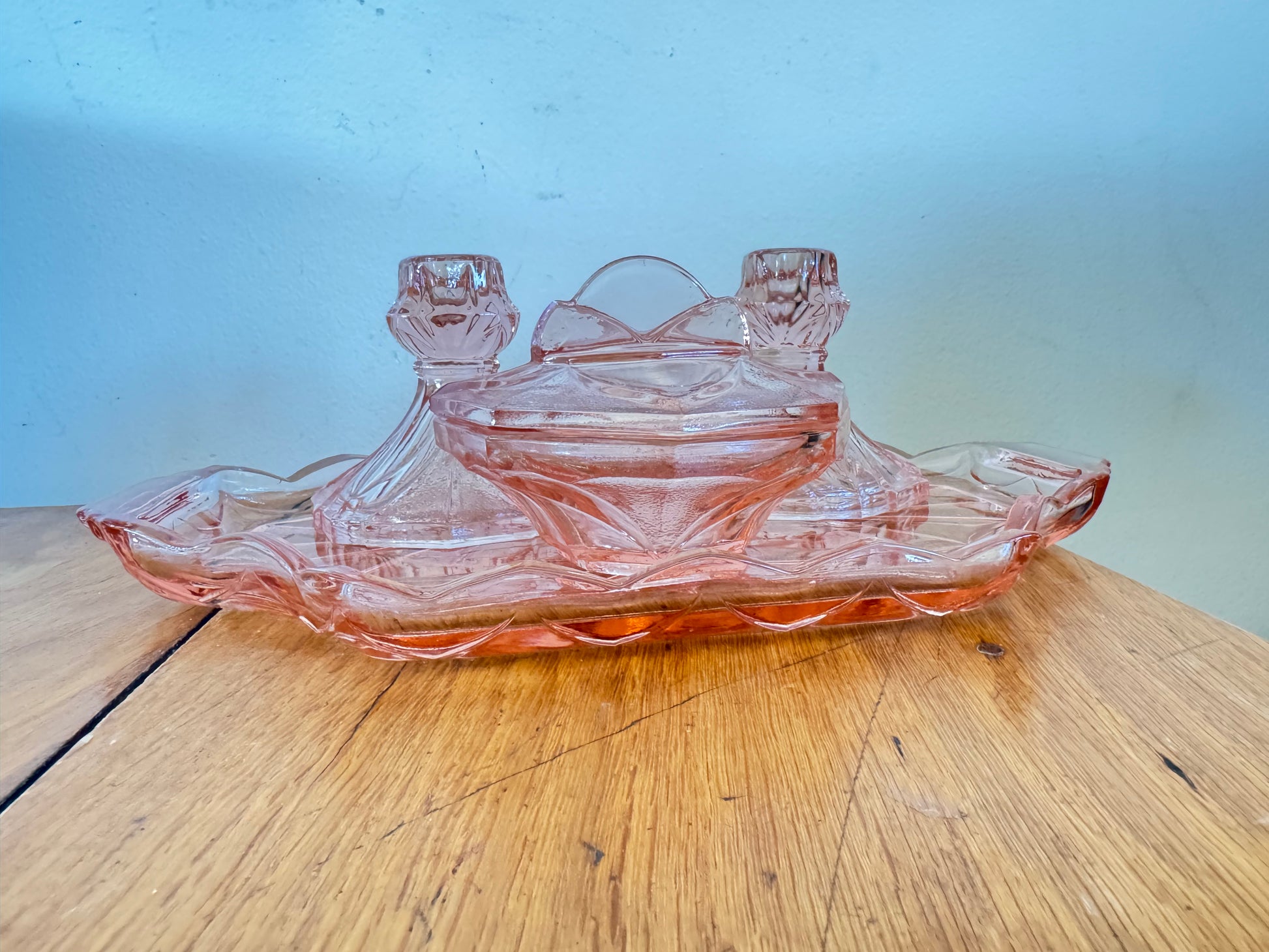 vintage pink glass dressing table set Vintage 7 Piece Pink Glass Art Deco Dressing Table Vanity Set 1930s