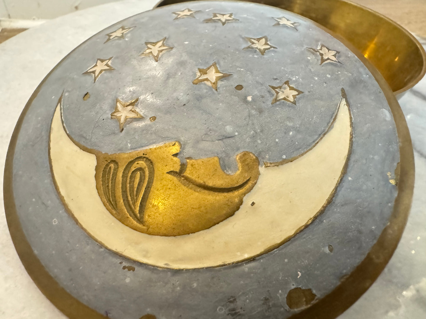 Brass and Enamel Moon and Stars Trinket Dish | Celestial Lidded Trinket Pot | Vintage |