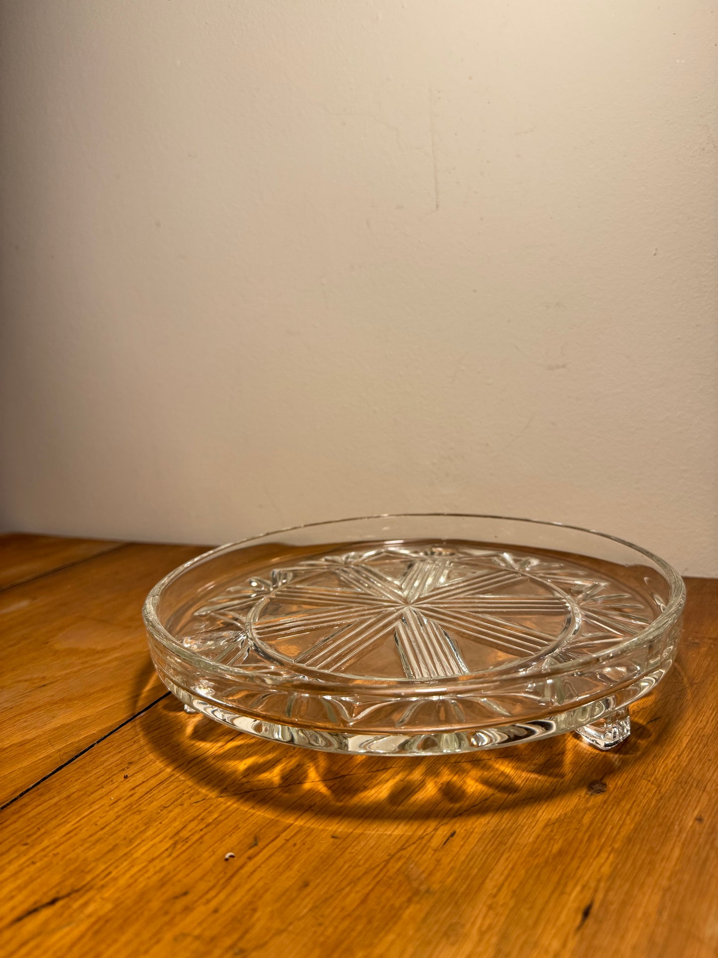 Cut Glass Footed Tray Plate | Candle Tray | Geometric Pattern | Dressing Table | Retro Unique | Decorative Plate |