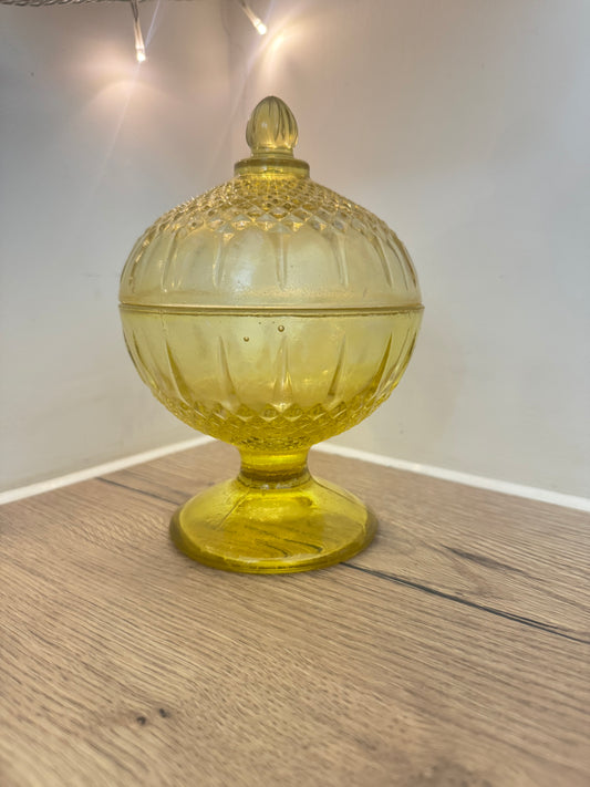 Yellow Glass Lidded Pedestal Bon Bon Dish | Vintage Retro Candy Dish