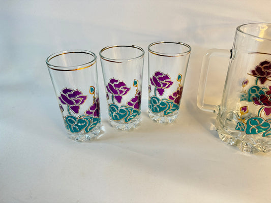 Italian Glass Pitcher and 6 Tumblers with Floral Pattern | Vintage Retro Barware | Prop Set Dressing