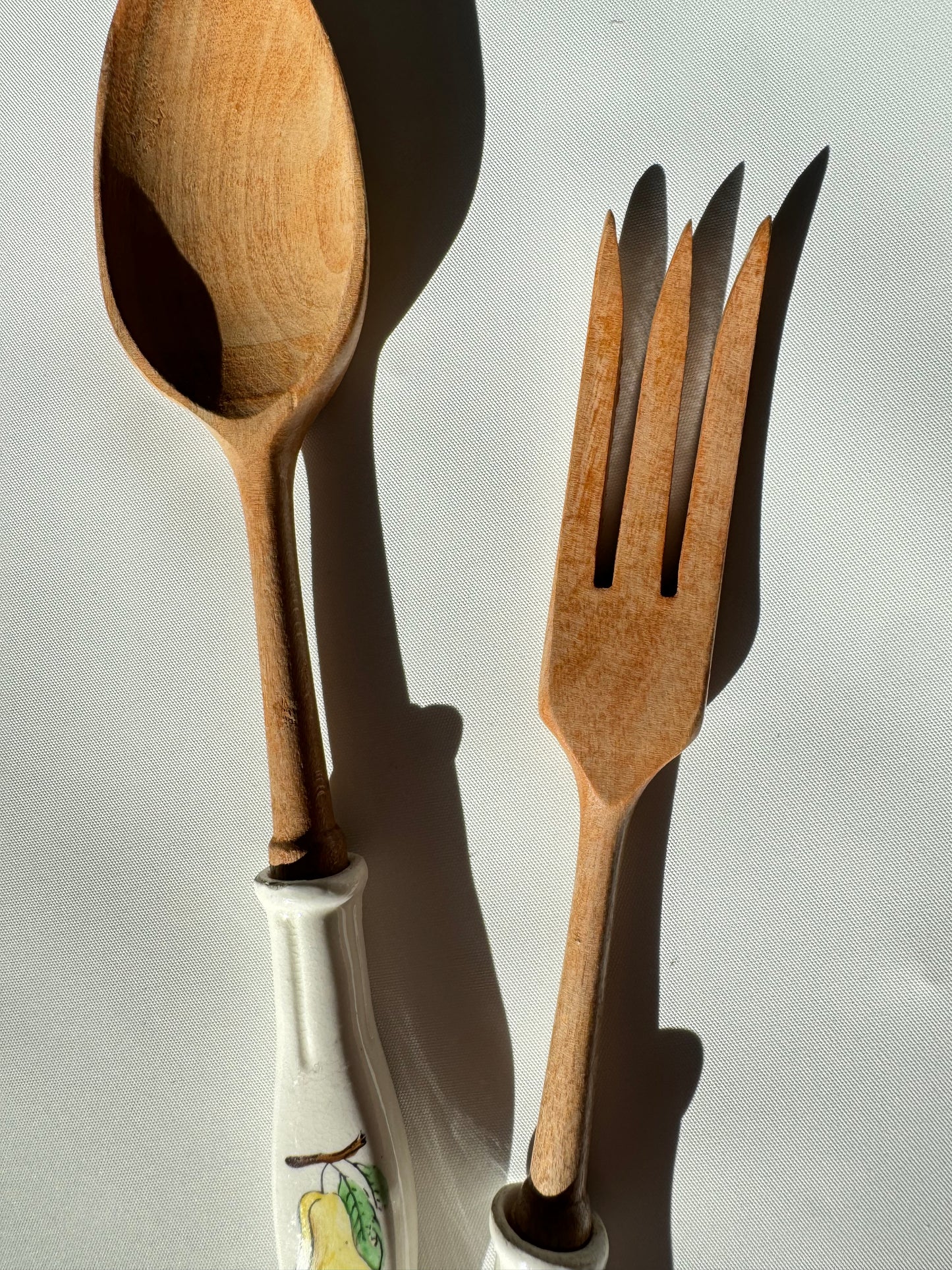 Wooden Salad Spoon & Fork with Ceramic Handles | Vintage Retro Kitchenalia | Serveware |