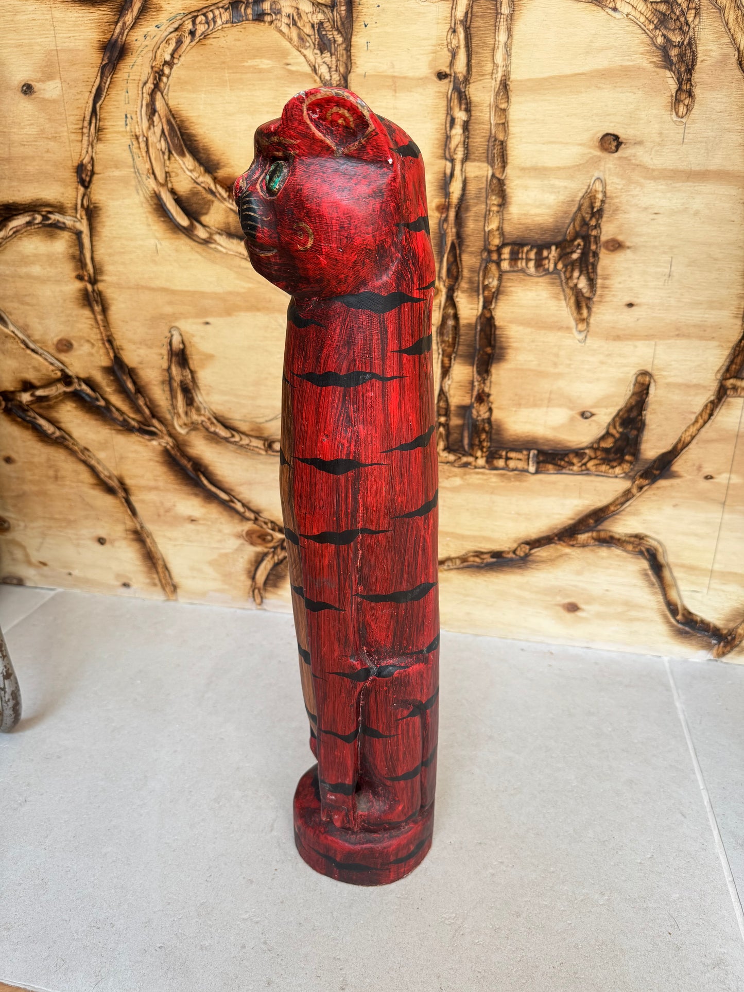 Large Wooden Hand Carved Cat | Folk Art |Vintage Retro | Decor | Quirky Unique |
