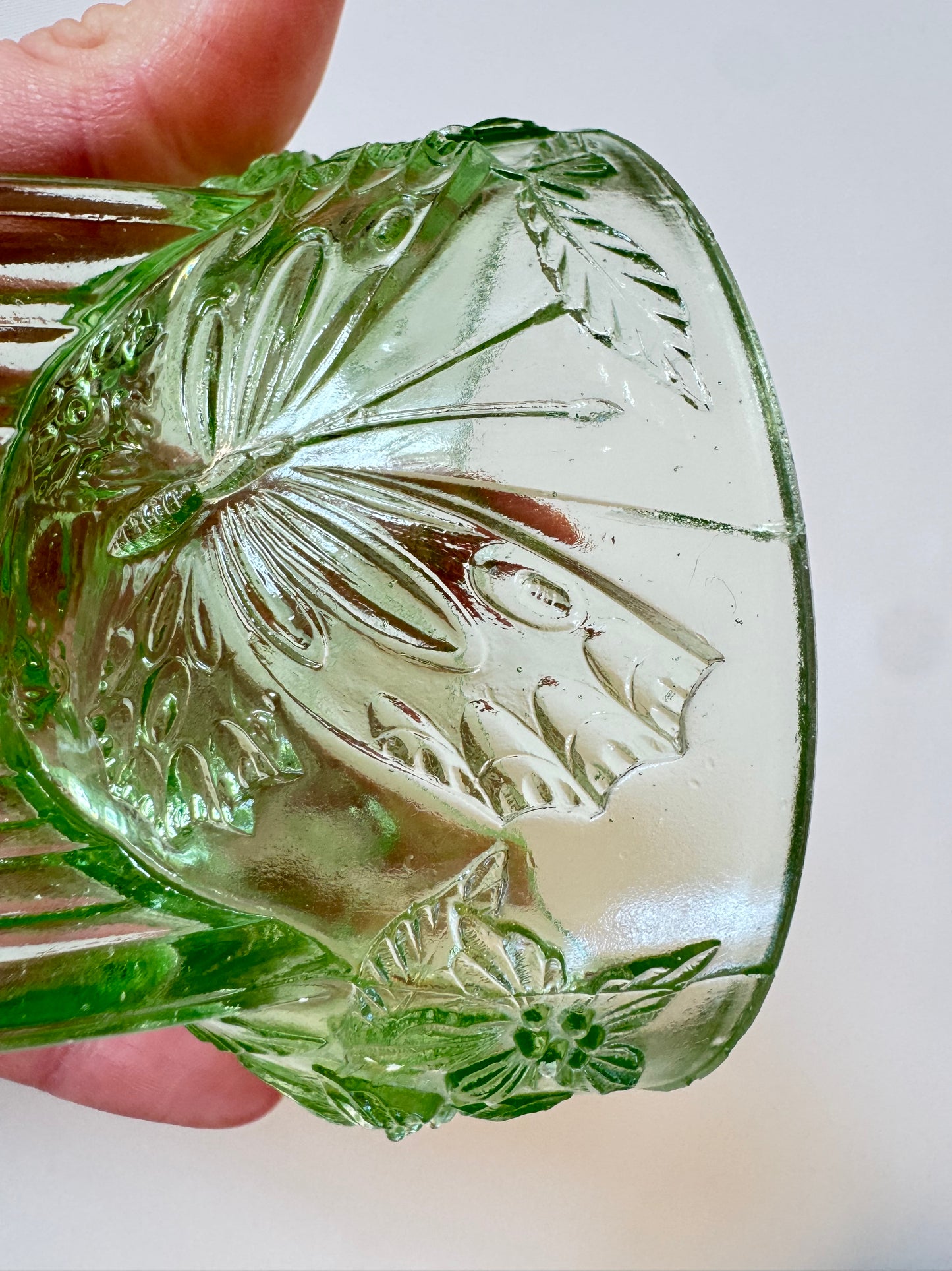 Sowerby 1930’s Green Pressed Glass Trinket Dish | Small Glass Bowl with Butterfly & Floral Design | Vintage Retro |