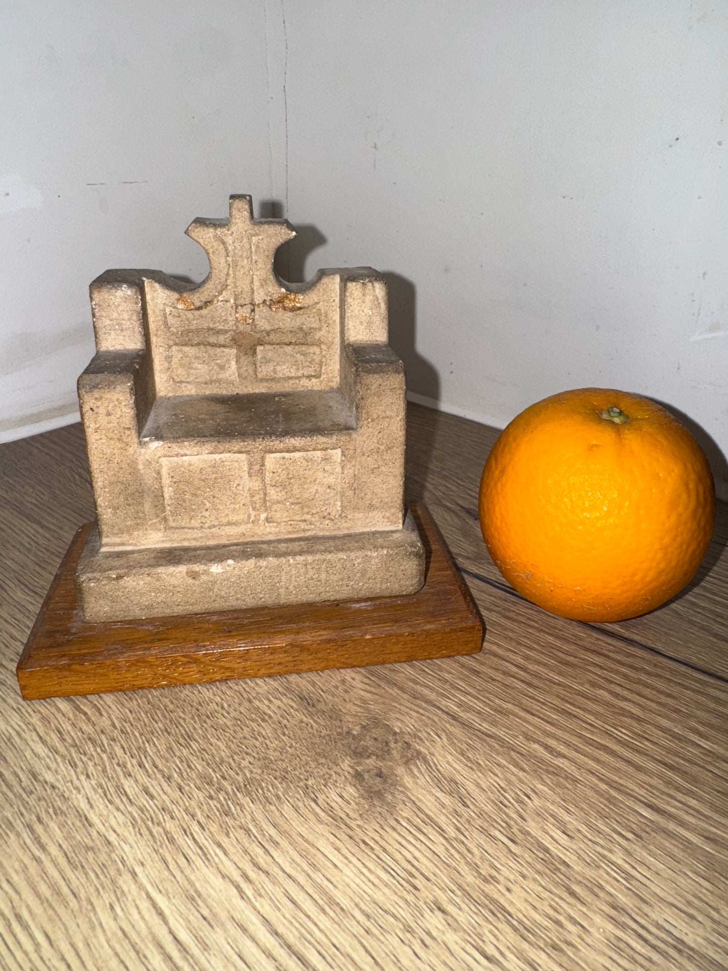 St Luke’s Deptford Stone Chair Ornament on Wooden Base | 1960 | Catholic Holy Decor | Gothic |