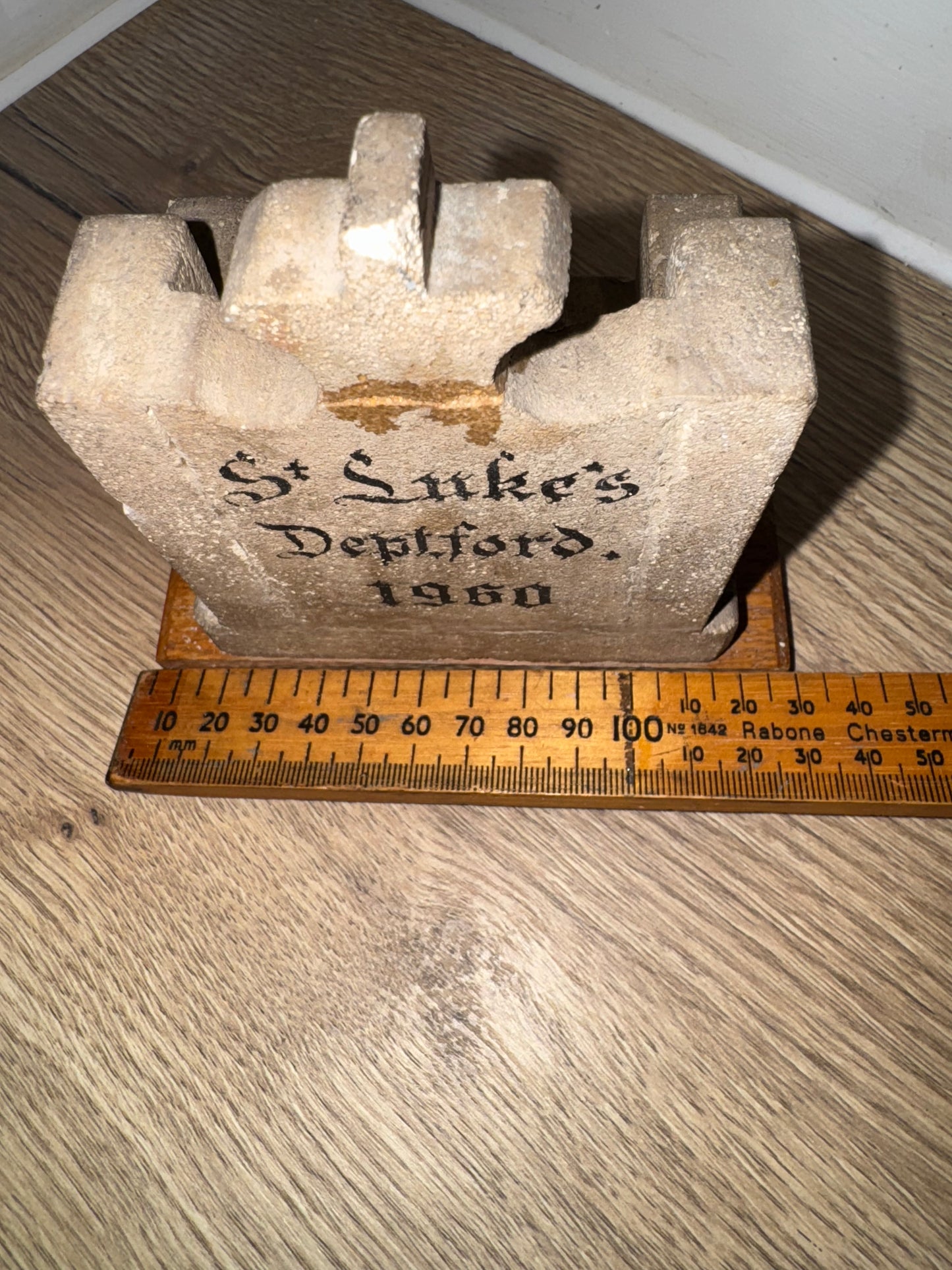 St Luke’s Deptford Stone Chair Ornament on Wooden Base | 1960 | Catholic Holy Decor | Gothic |