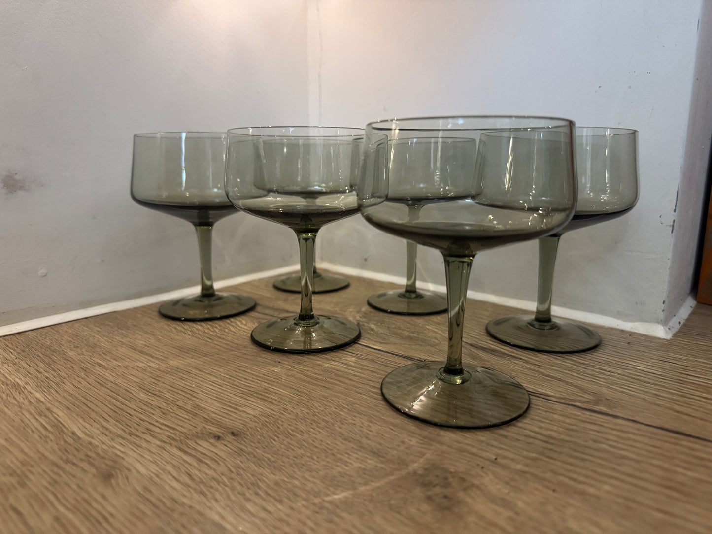 Set of 6 Smoked Cocktail Coupe Glasses | Vintage Retro Barware |