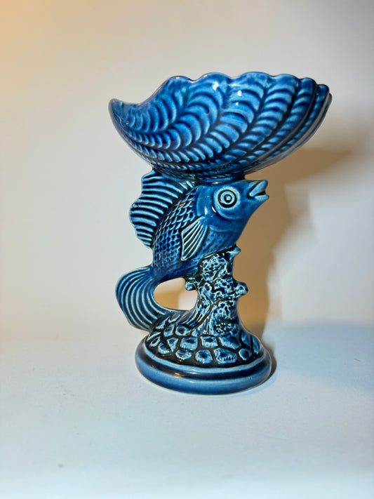 Devonway Pottery Deep Blue Fish Dish Bowl | Pedestal Bowl | Vintage Retro | Quirky Unique |