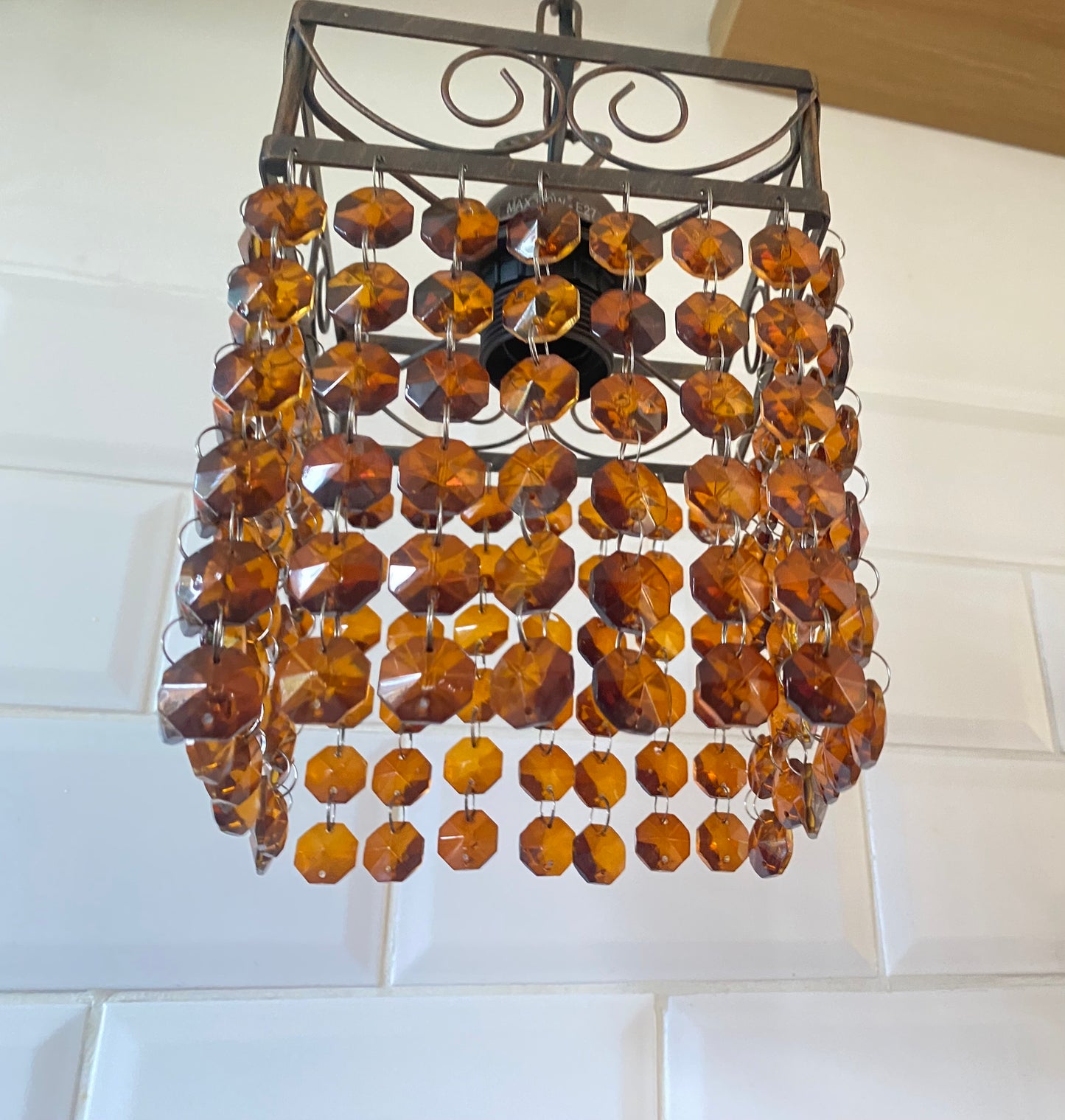 Vintage French Beaded Ceiling Light Lampshade Amber/Brown Glass Bead