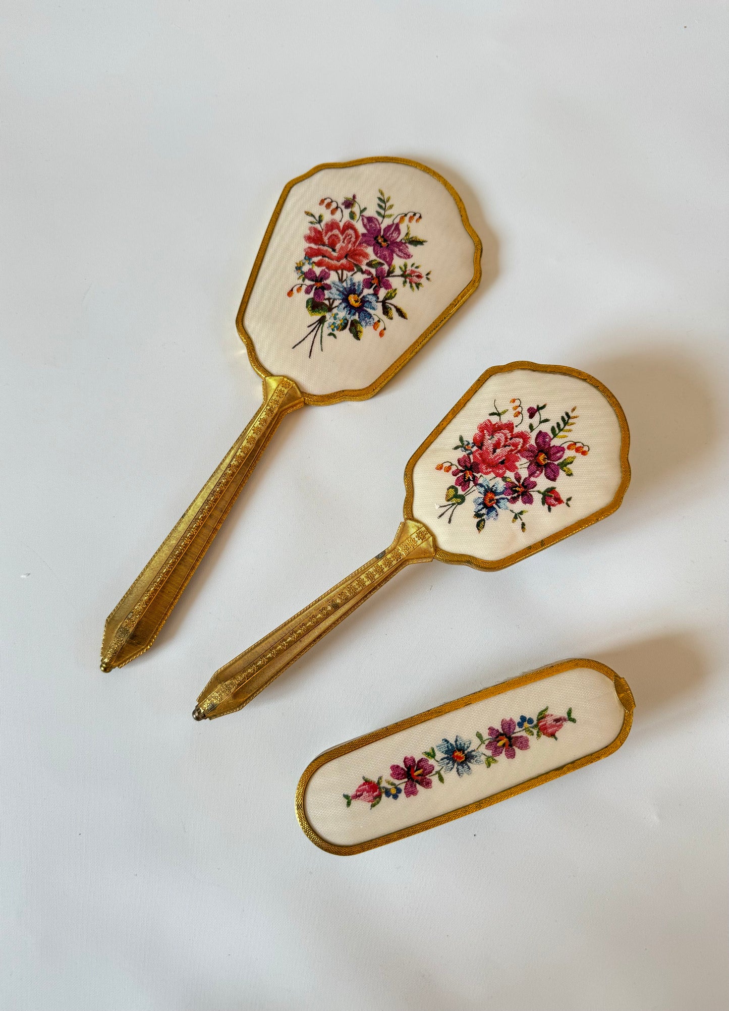 Victorian Style Travel Vanity Set | Hand Mirror, Hair Brush & Clothes Brush | Vintage Antique | Gold with Floral Embroidery | Prop Set Dressing |