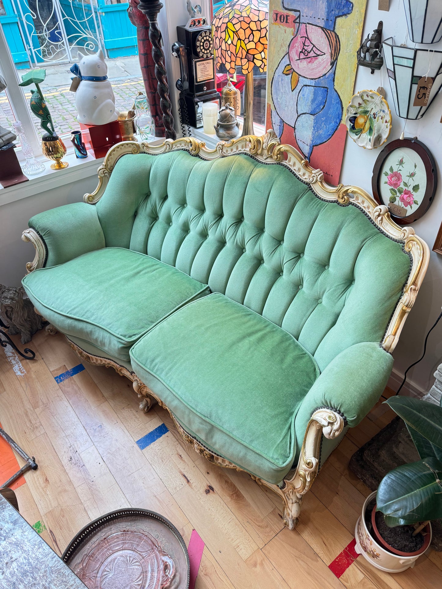 Stunning Louis Style Antique 3 Seater Sofa with Hand-carved Wooden Frame and Striking Green Button Back Upholstery (COLLECTION ONLY)