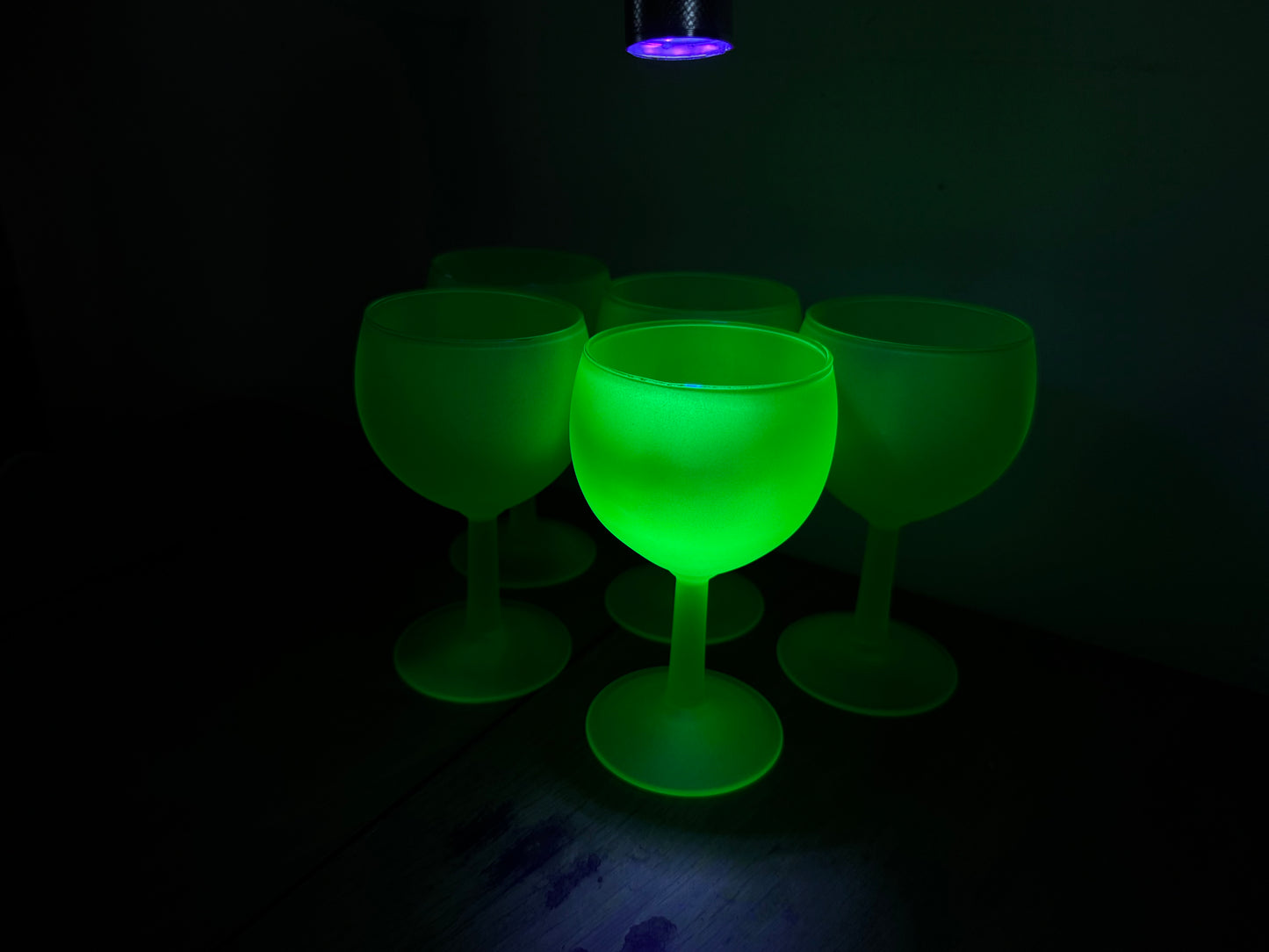 Set of 5 Frosted Uranium Wine Glasses | Luminarc France Techno Neon Green | Vaseline Glass | Vintage Retro Quirky Barware |