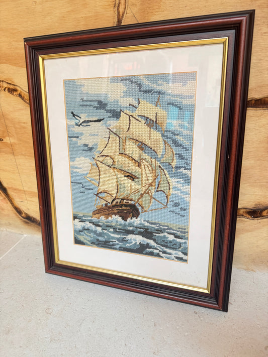 Vintage Ship Framed Needlepoint Tapestry | Nautical Decor |
