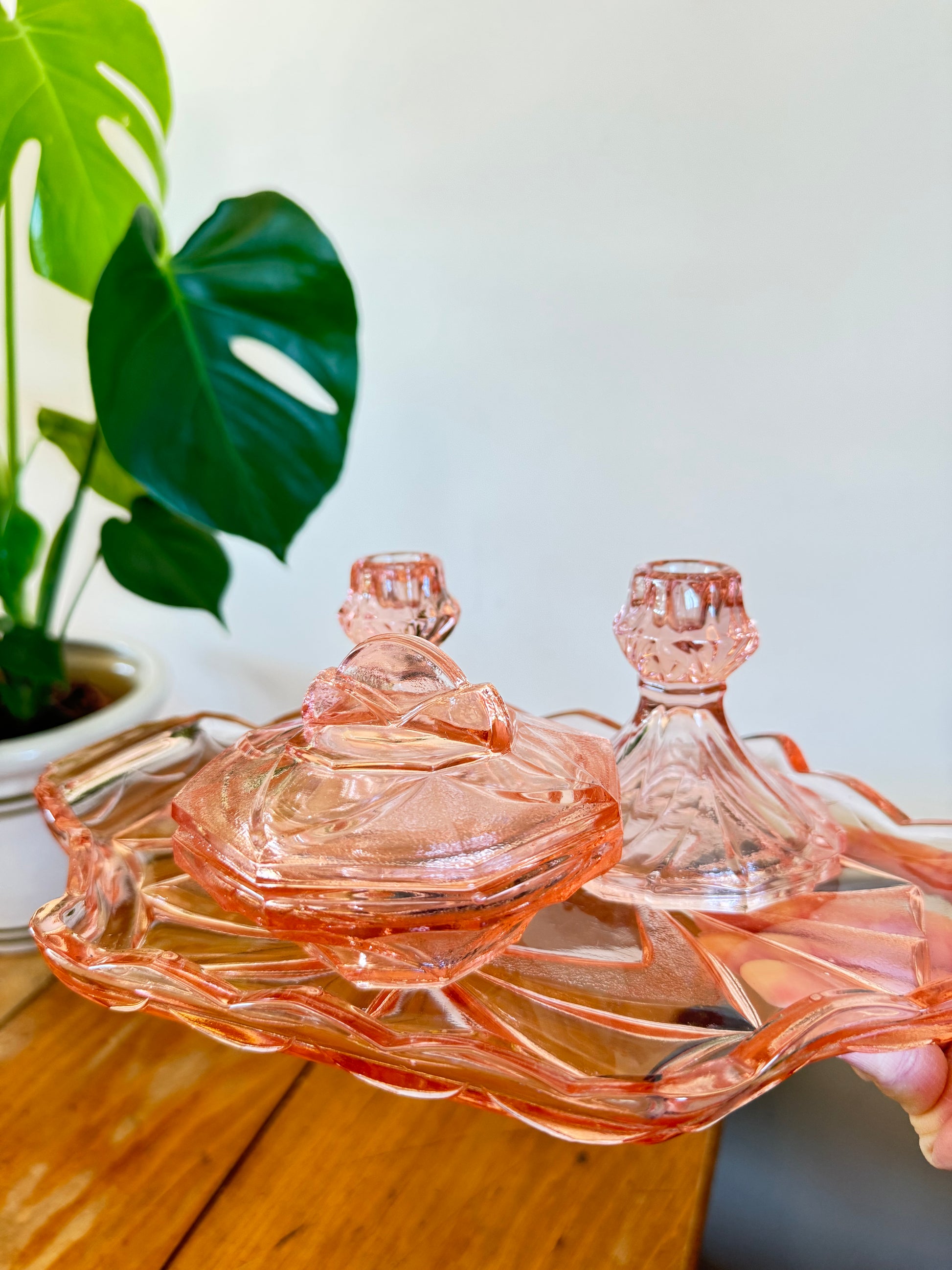 Pink Glass Vanity Set | Dressing Table | Retro Vintage Unique Pink Glass Vanity Set | Dressing Table | Retro Vintage Unique