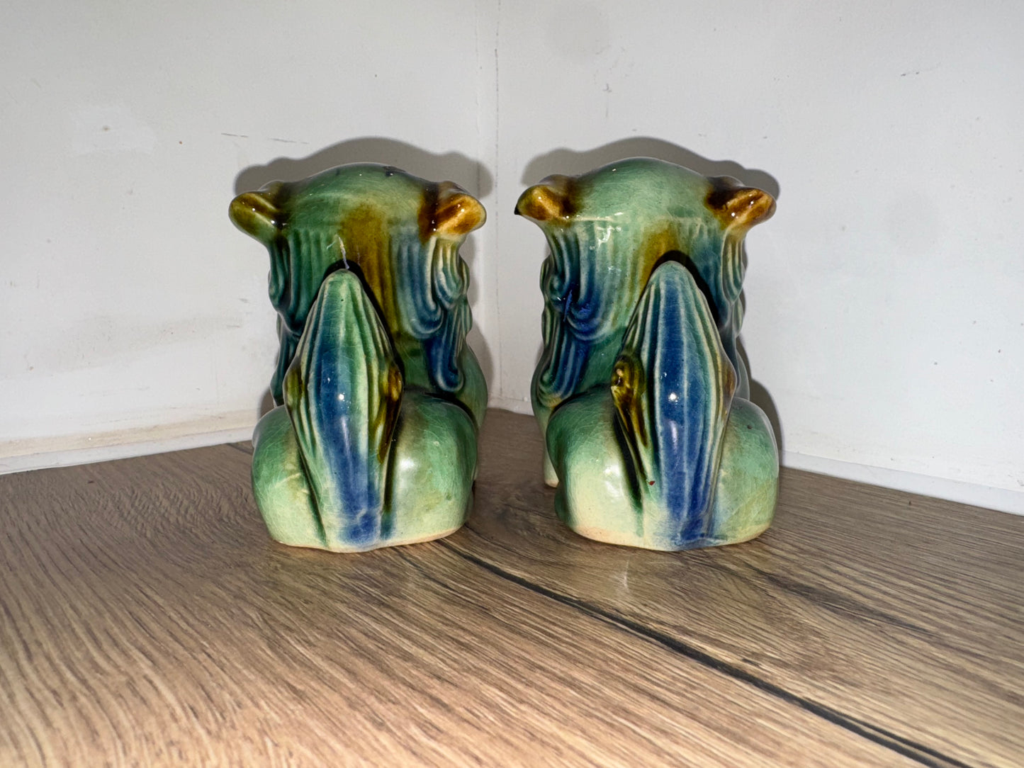 Pair of Small Foo Dogs | Green/Blue | Chinese Guardian Lions | Chinese Asian Decor | Vintage Antique |