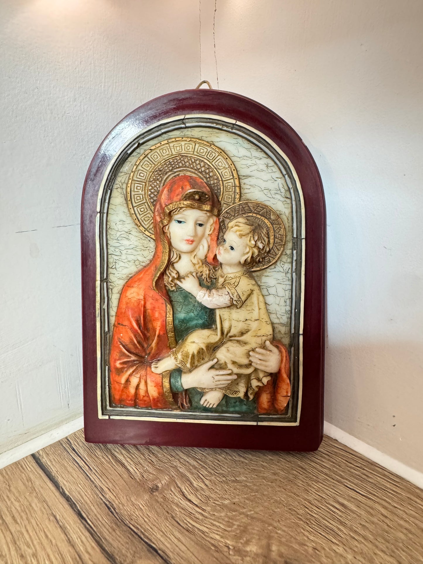Ceramic Religious Wall Hanging of Mary and Baby Jesus on Wooden Plaque | Madonna & Child Plaque | Vintage Holy Icon |