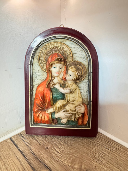 Ceramic Religious Wall Hanging of Mary and Baby Jesus on Wooden Plaque | Madonna & Child Plaque | Vintage Holy Icon |