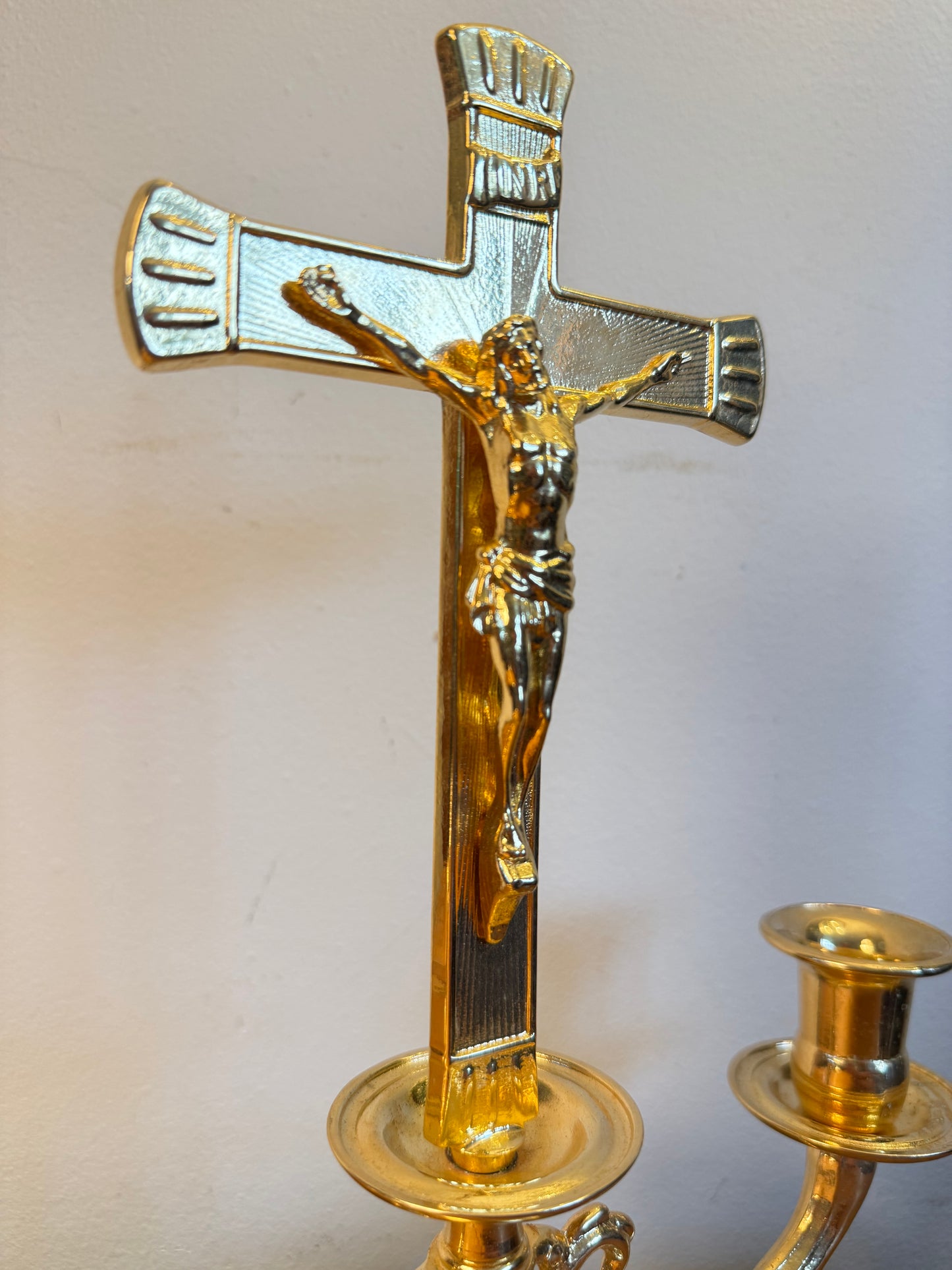 Gold Altar Candelabrum | Religious Crucifix Double Candelabra | Home Decor |