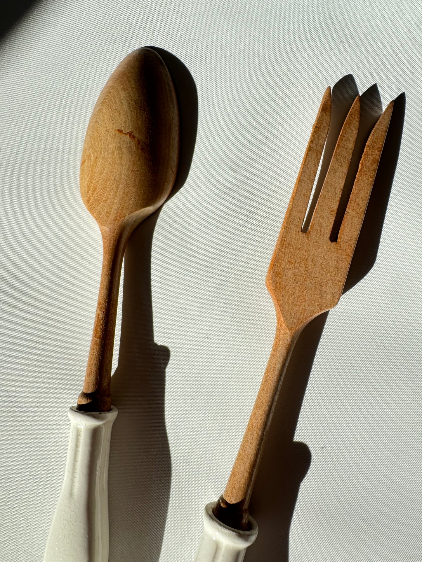 Wooden Salad Spoon & Fork with Ceramic Handles | Vintage Retro Kitchenalia | Serveware |