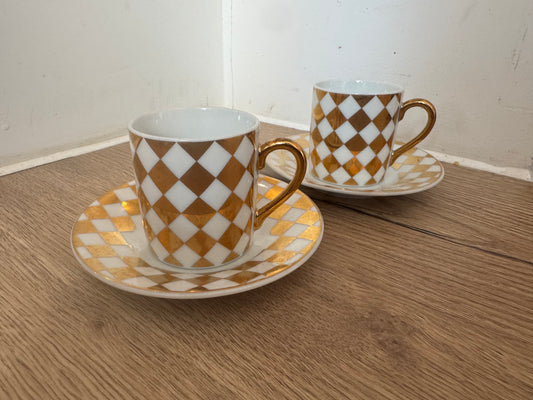 Pair of Gold and White Checkered Espresso Cups & Saucers | Coffee | Vintage Retro |