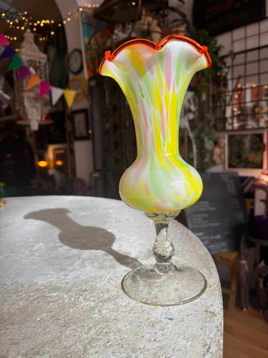Pastel Coloured Spatter Glass Footed Vase with Flared Rim | Vintage Retro Decor | Quirky Unusual |