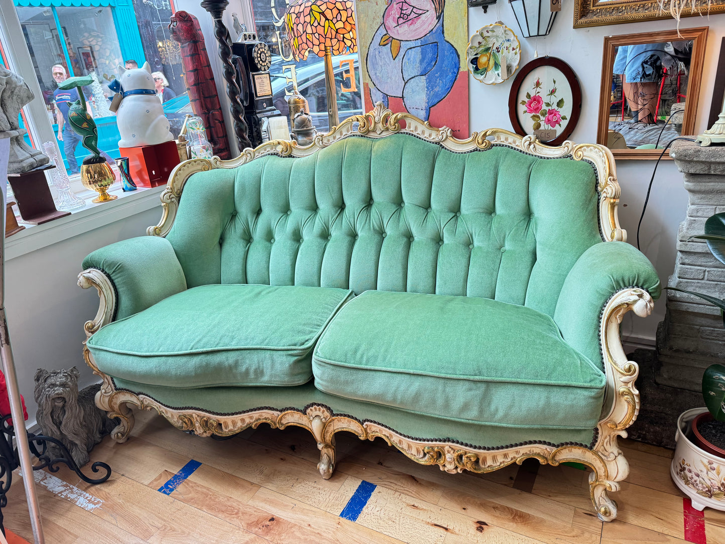 Stunning Louis Style Antique 3 Seater Sofa with Hand-carved Wooden Frame and Striking Green Button Back Upholstery (COLLECTION ONLY)