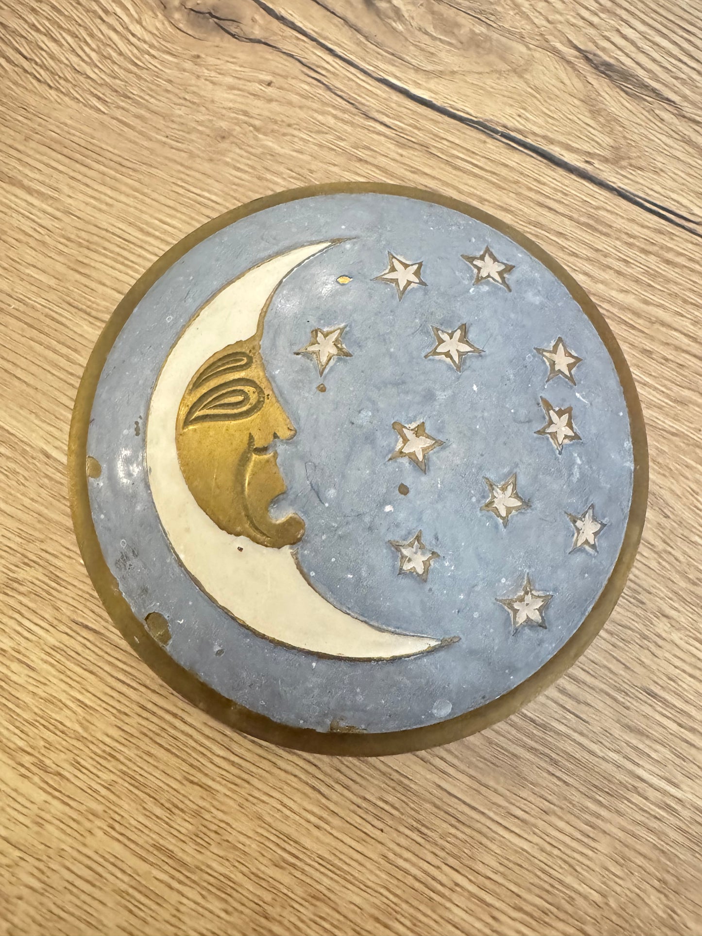 Brass and Enamel Moon and Stars Trinket Dish | Celestial Lidded Trinket Pot | Vintage |