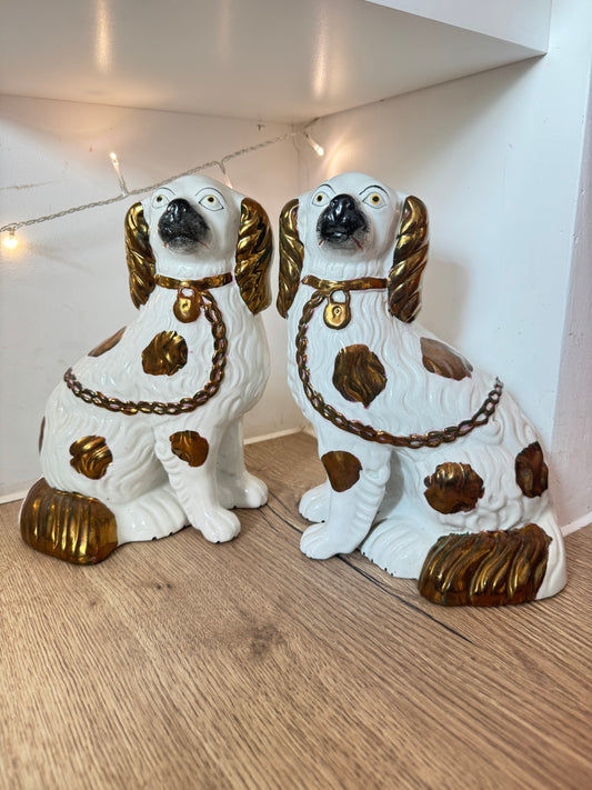 Pair of Antique Staffordshire Spaniel Dogs Hand Painted in Copper Lustre | Decorative Ornament | 19th Century | Vintage/Retro Decor |