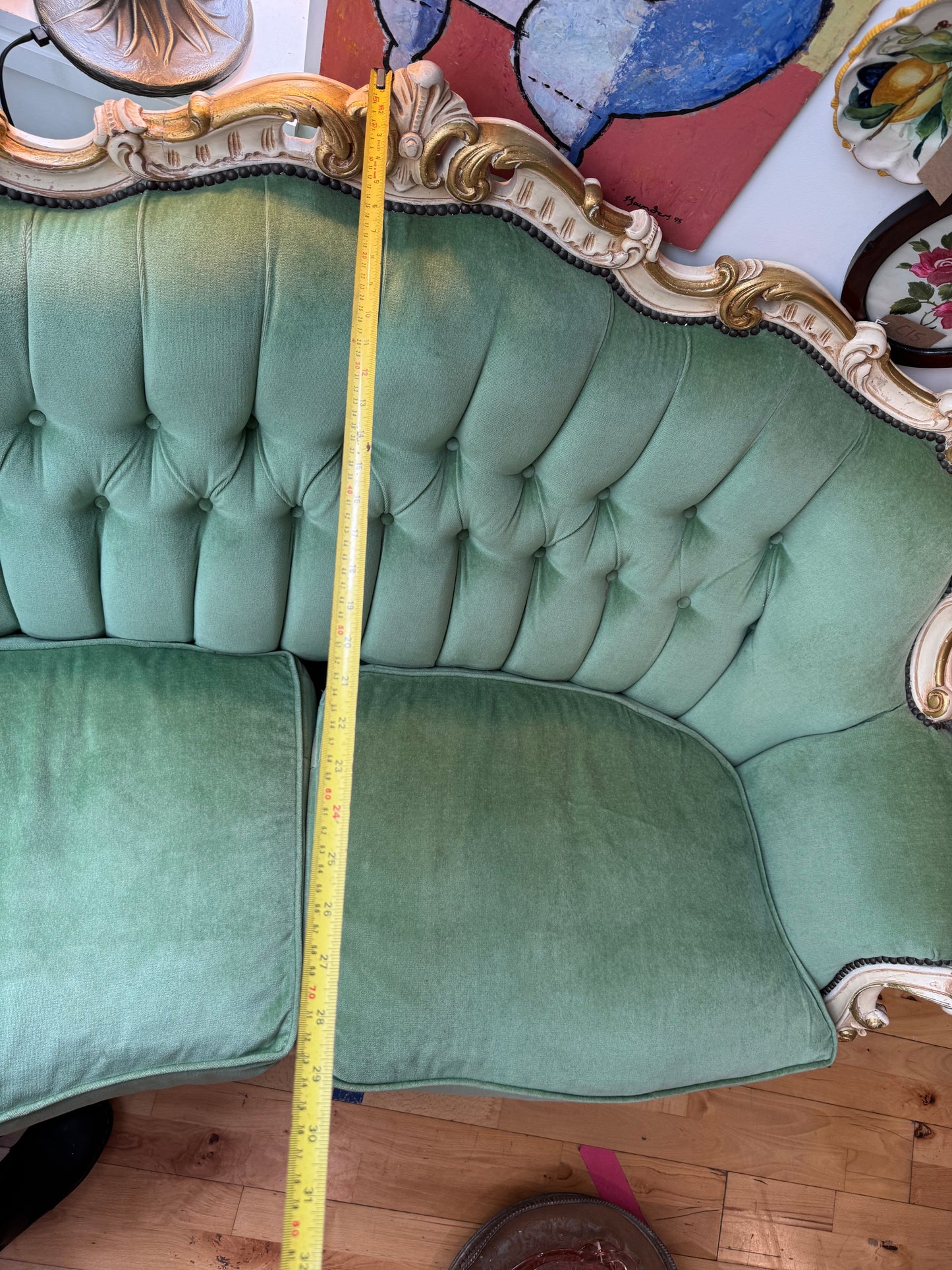 Stunning Louis Style Antique 3 Seater Sofa with Hand-carved Wooden Frame and Striking Green Button Back Upholstery (COLLECTION ONLY)