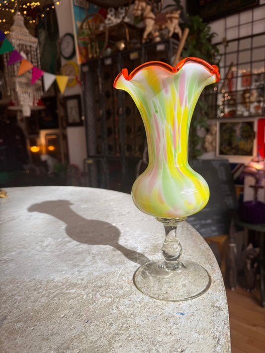 Pastel Coloured Spatter Glass Footed Vase with Flared Rim | Vintage Retro Decor | Quirky Unusual |