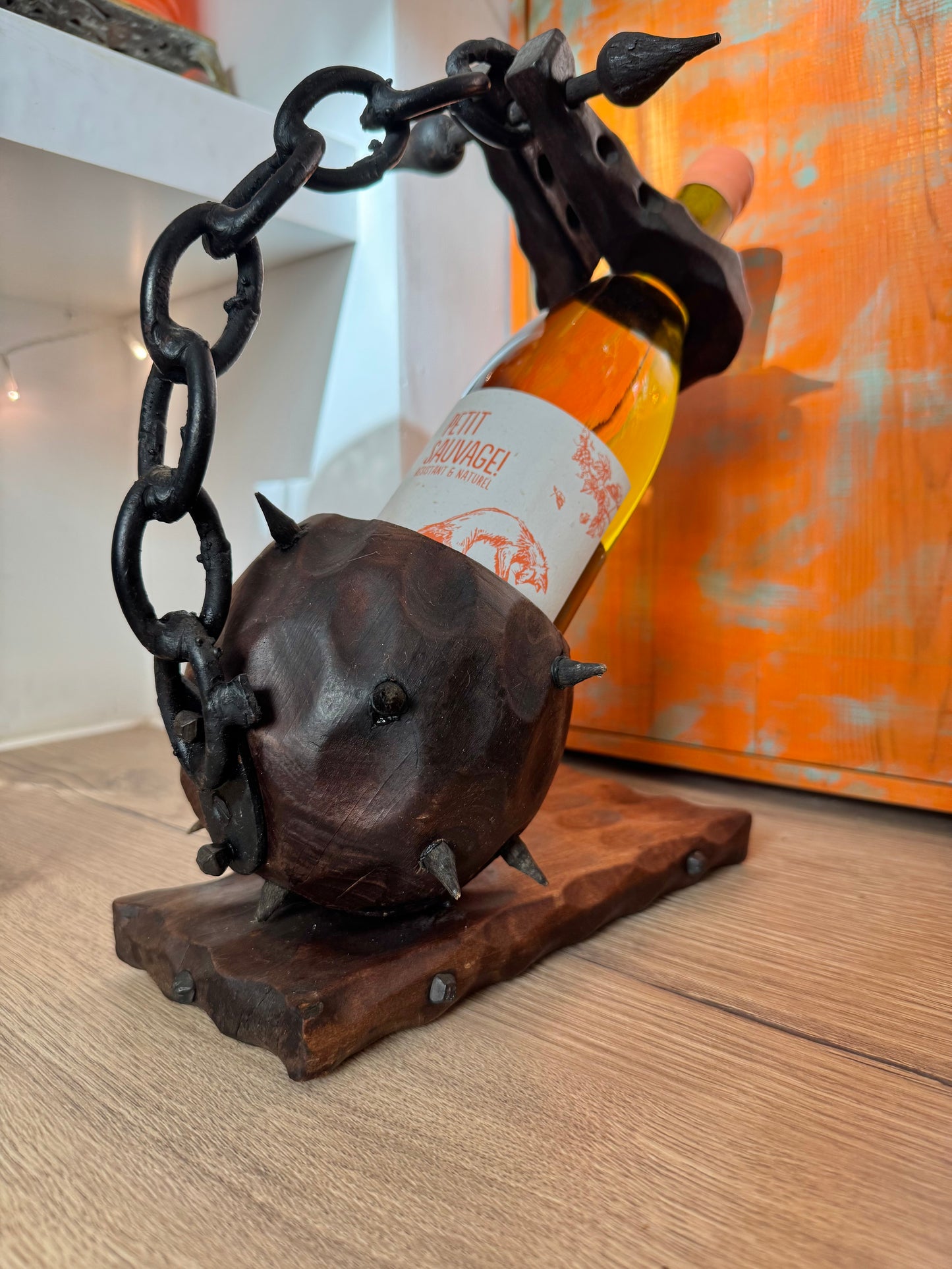 Brutalist Ball and Chain Wine Bottle Holder | Medieval Gothic Style | Vintage Retro Mid Century |