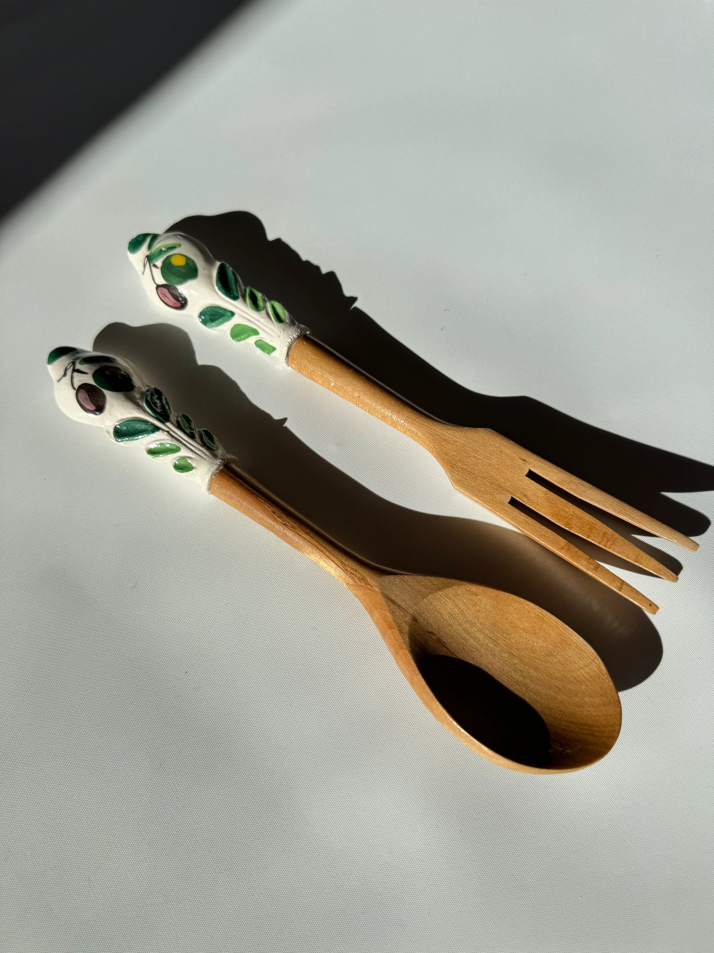 Wooden Salad Spoon & Fork with Ceramic Handles | Vintage Retro Kitchenalia | Serveware |