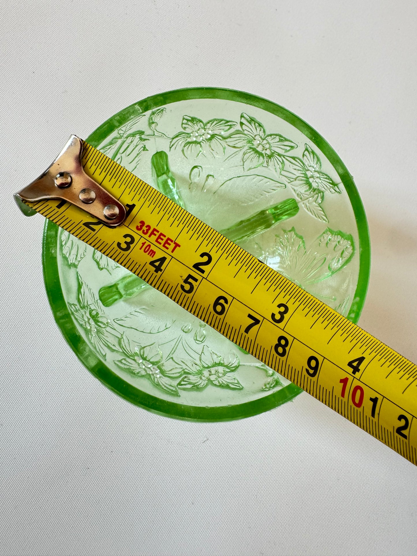 Sowerby 1930’s Green Pressed Glass Trinket Dish | Small Glass Bowl with Butterfly & Floral Design | Vintage Retro |