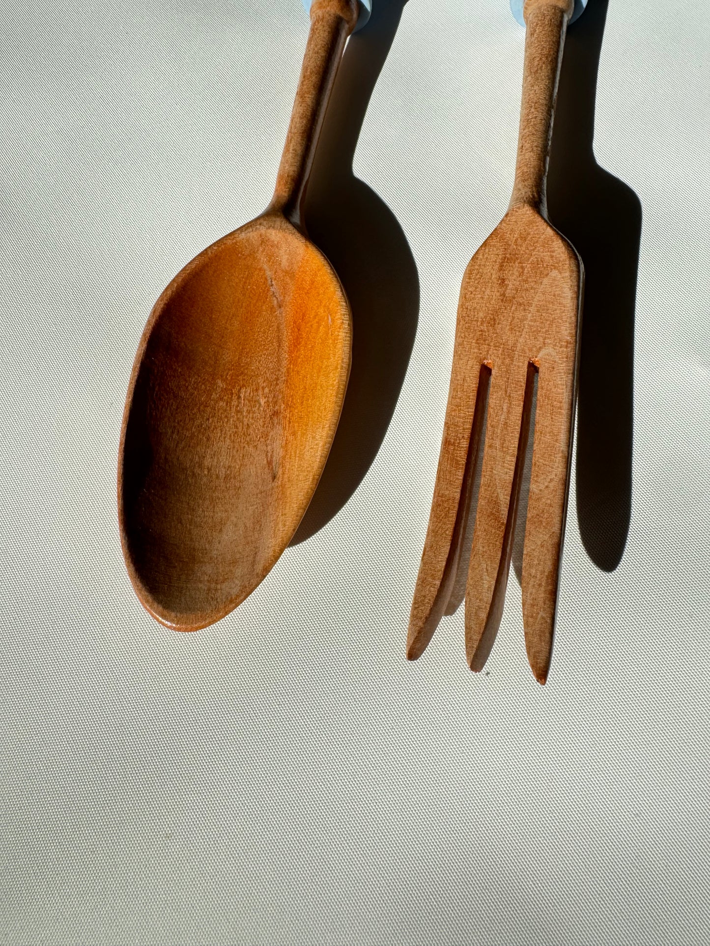Wooden Salad Spoon & Fork with Ceramic Handles | Vintage Retro Kitchenalia | Serveware |