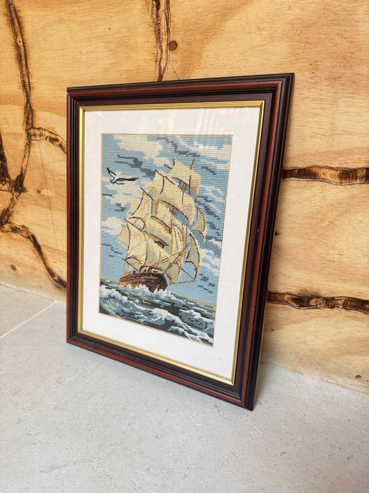 Vintage Ship Framed Needlepoint Tapestry | Nautical Decor |