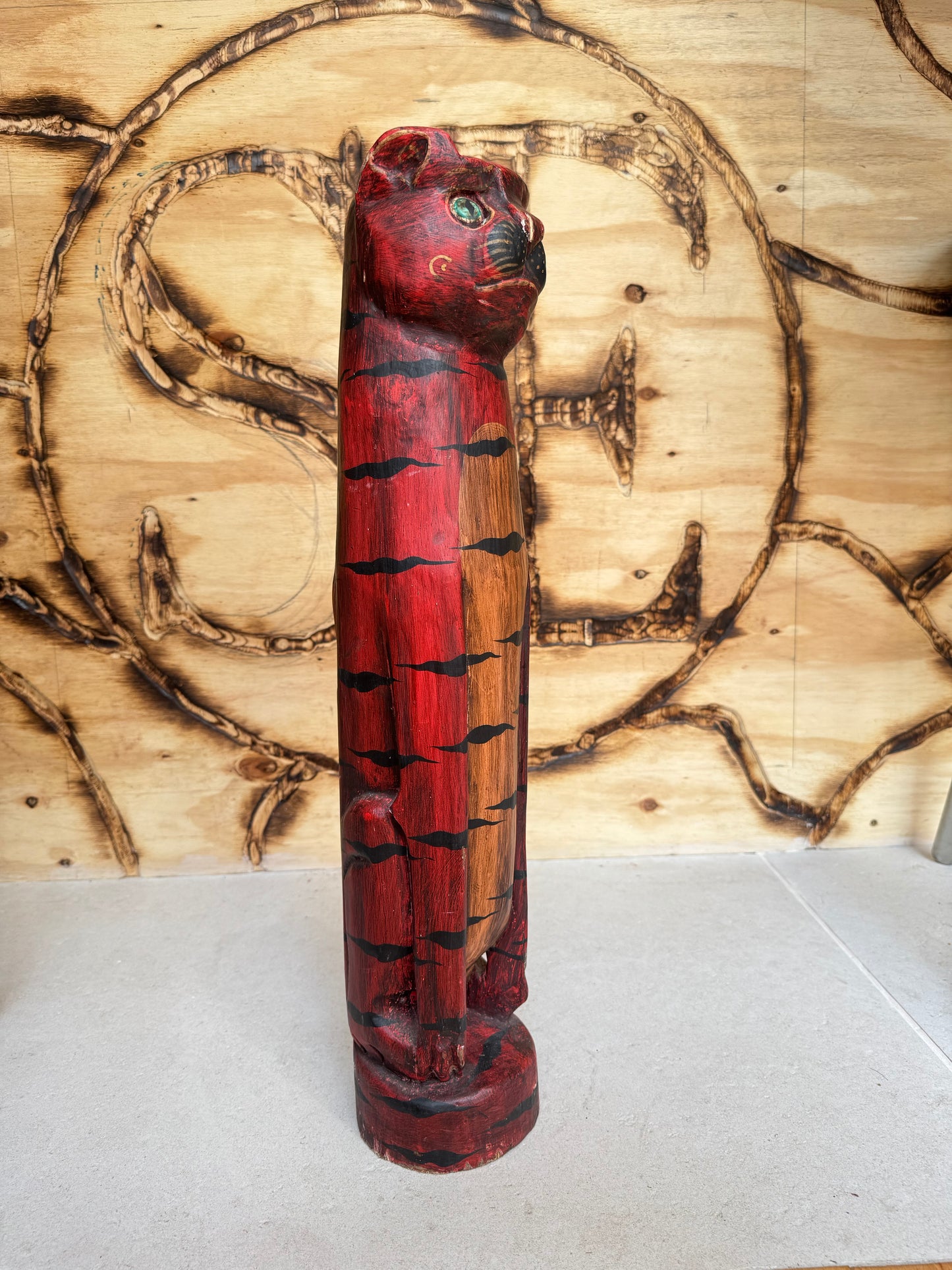 Large Wooden Hand Carved Cat | Folk Art |Vintage Retro | Decor | Quirky Unique |