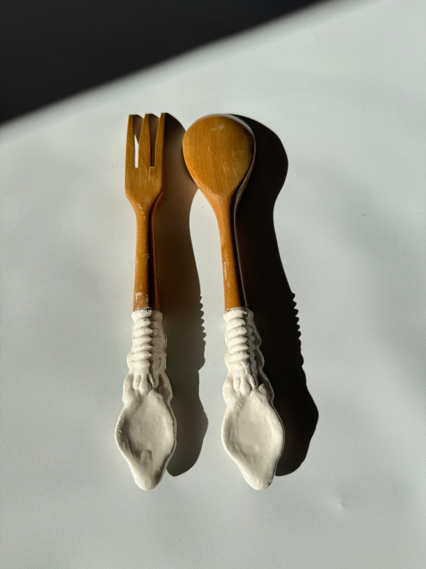 Wooden Salad Spoon & Fork with Ceramic Handles | Vintage Retro Kitchenalia | Serveware |