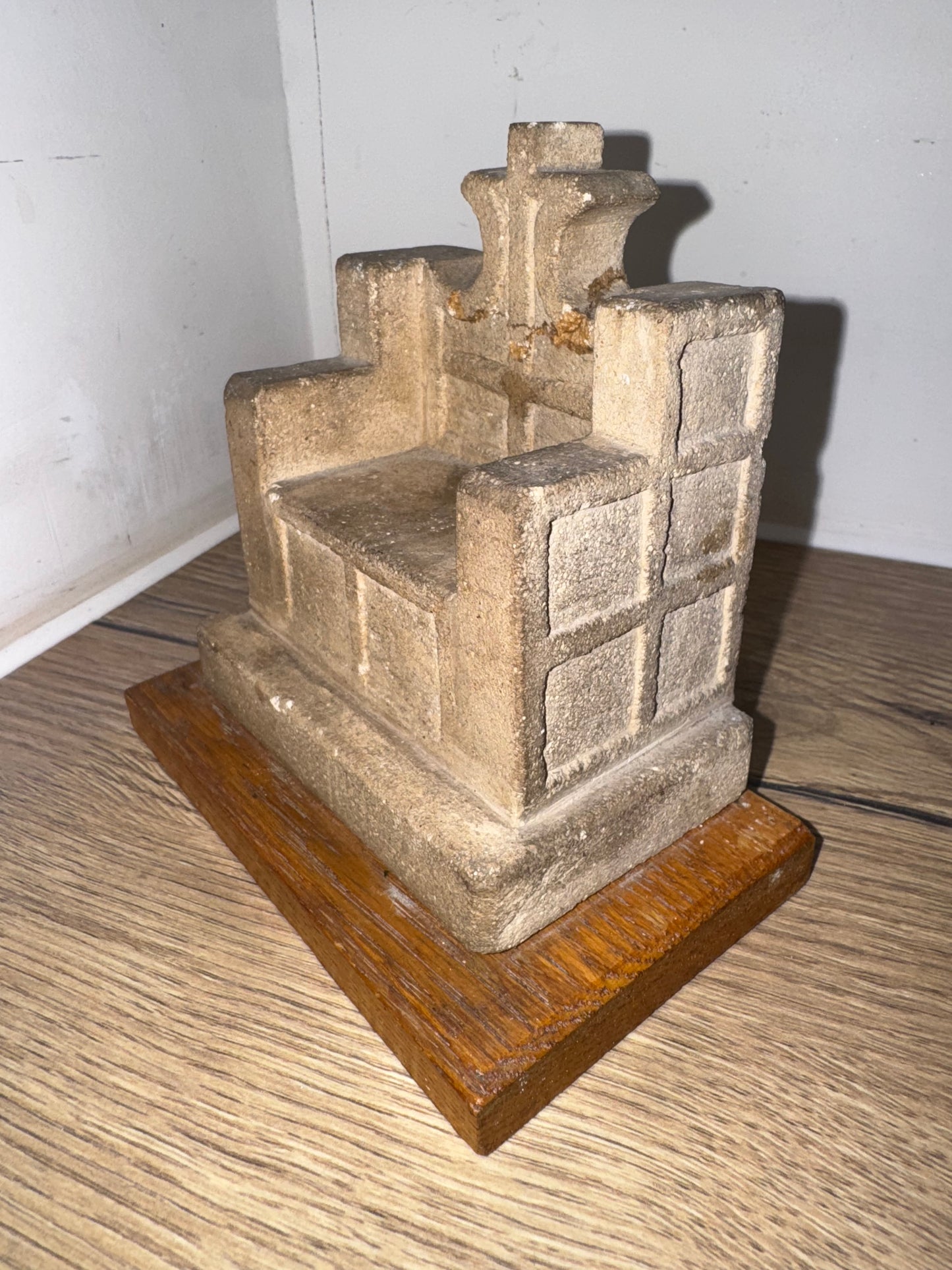 St Luke’s Deptford Stone Chair Ornament on Wooden Base | 1960 | Catholic Holy Decor | Gothic |