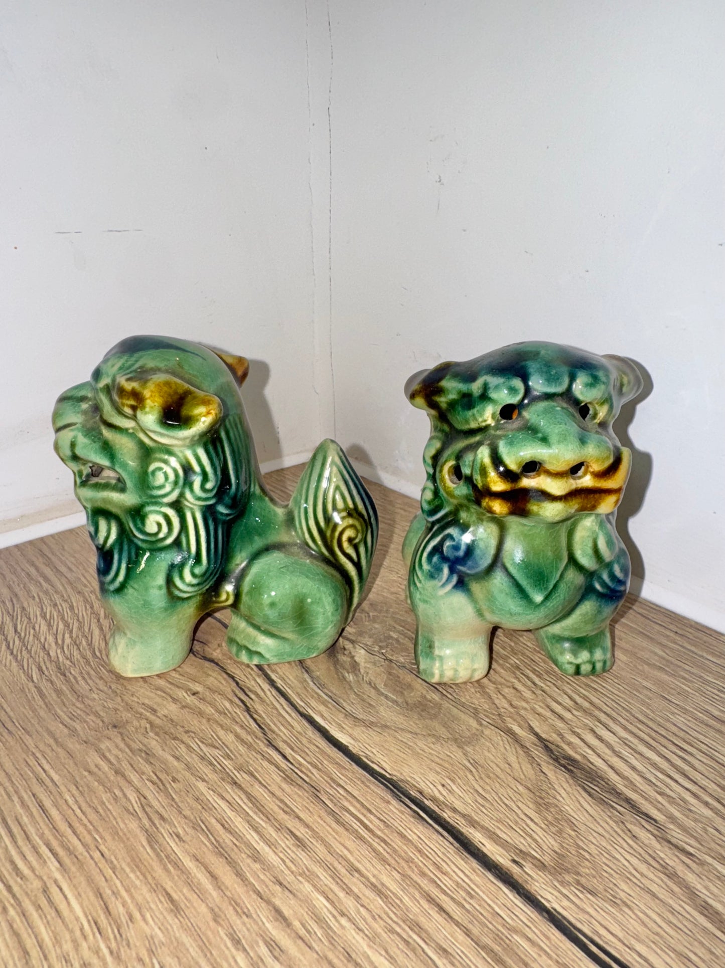 Pair of Small Foo Dogs | Green/Blue | Chinese Guardian Lions | Chinese Asian Decor | Vintage Antique |